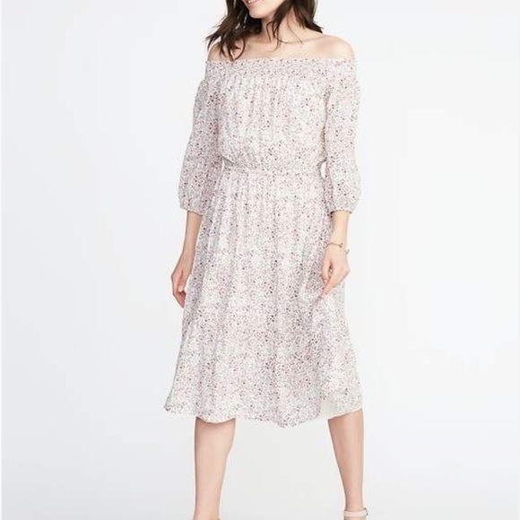 White Ditsy Floral Print Smocked Off-Shoulder Cotton Rayon Blend Dress, Small - Picture 2 of 7